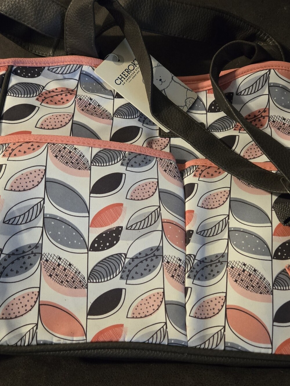 Cherokee Coral Pink and Gray Leaf-Pattern Tote with Black Straps